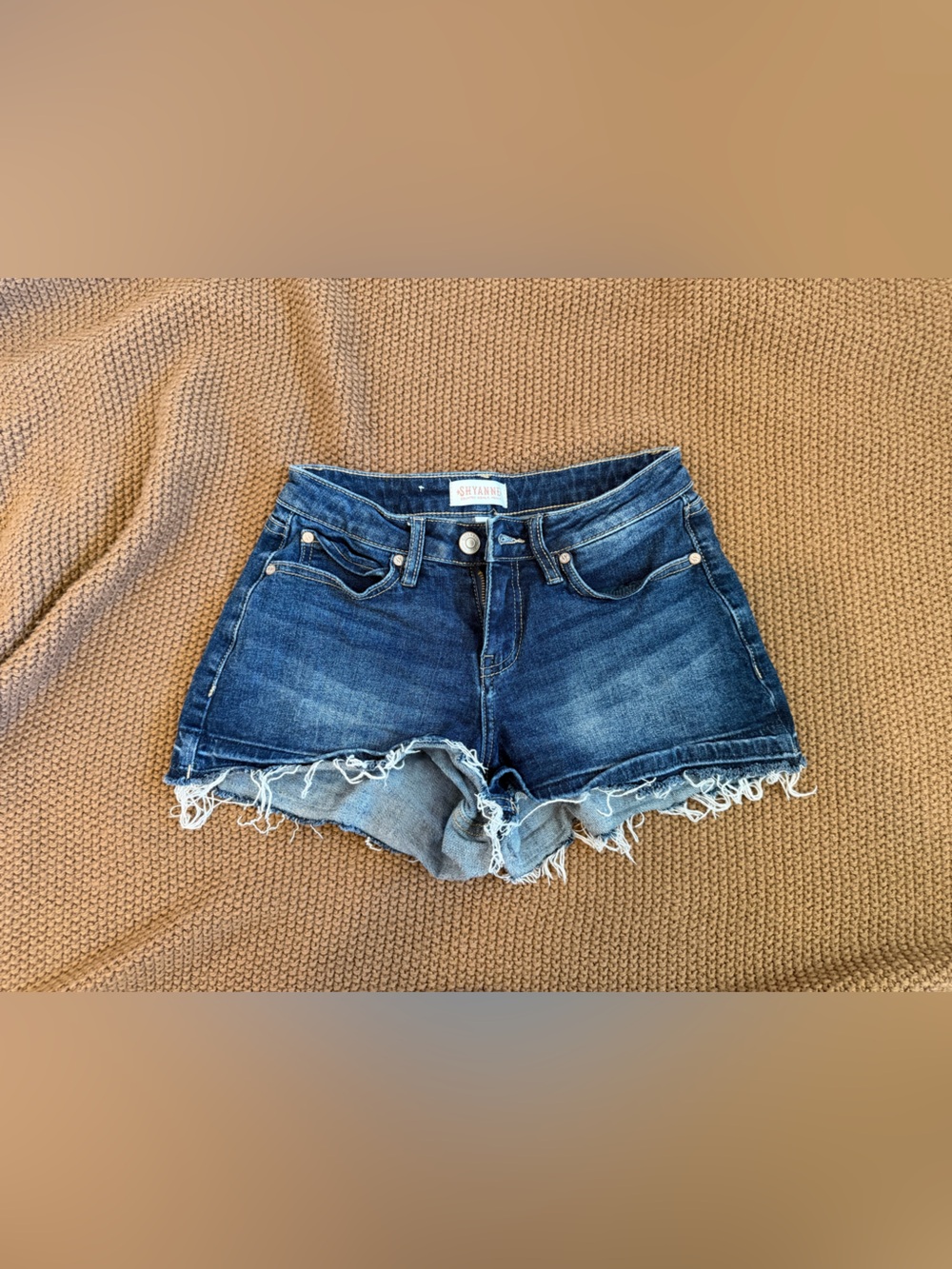 Shyanne Dark Blue Distressed Frayed Hem Denim Shorts